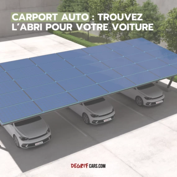 Carport triple en aluminium avec panneau solaire abritant plusieurs voitures neuves et d’occasion électrique et hybrides.