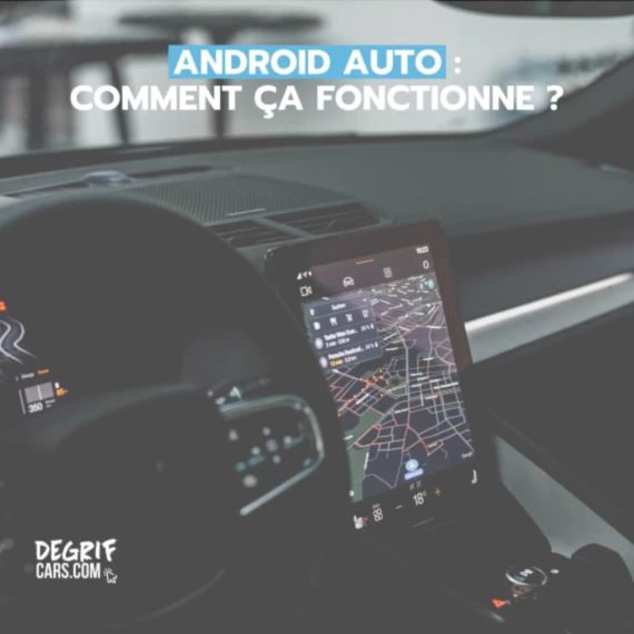 Interface Android Auto affichée sur l’écran d’une voiture connectée, avec navigation GPS et applications musicales actives.