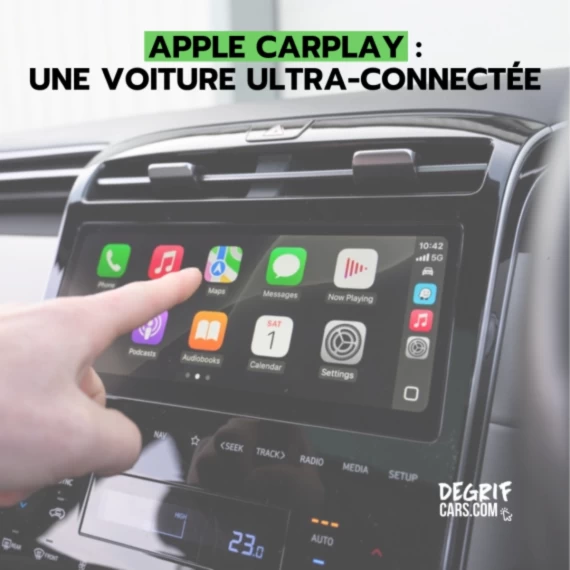 Tableau de bord avec Apple CarPlay actif dans une voiture récente disponible chez Degrifcars, mandataire automobile.