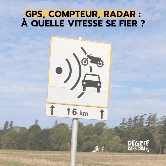 Tableau de bord affichant la vitesse d’un véhicule Degrifcars face à un GPS, comparaison compteur et vitesse réelle.