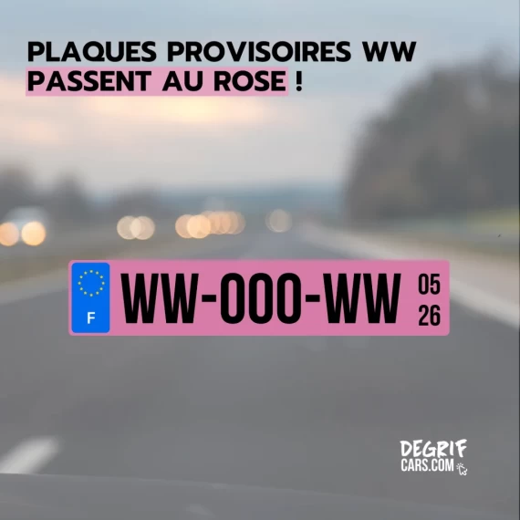 Plaque d'immatriculation provisoire WW de couleur rose avec date de validité sur une voiture neuve.