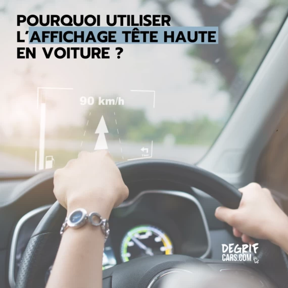 Système d'affichage tête haute HUD projetant les informations de conduite sur le pare-brise d'une voiture neuve chez le mandataire Degrifcars.com.