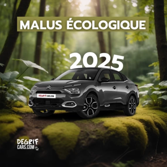 Une voiture au premier plan dans une forêt avec un titre "Malus écologique 2025"