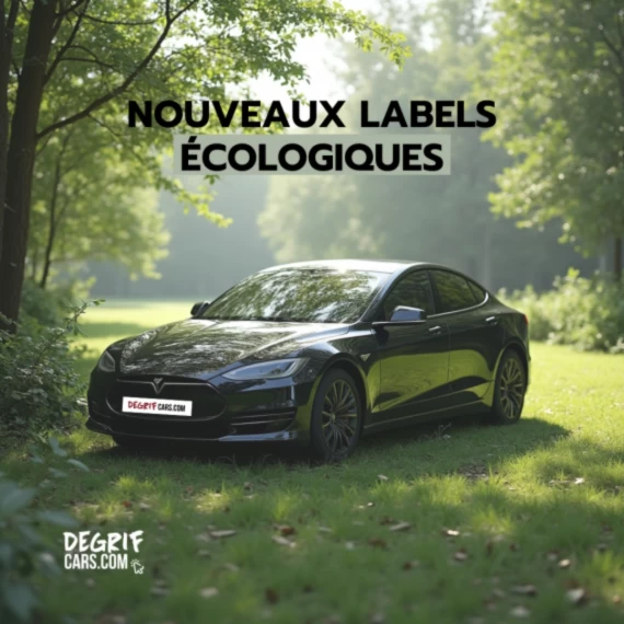 Voiture électrique noire garée dans un cadre naturel, avec du texte sur les nouveaux labels écologiques et leur impact sur les automobilistes. Logo Degrifcars.com en bas.