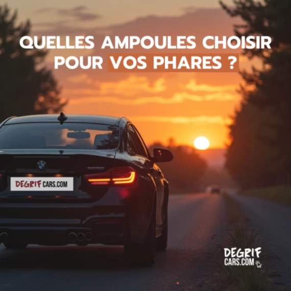 Voiture noire sur une route au coucher du soleil, feux allumés. Texte sur le choix des ampoules pour phares, avec le logo Degrifcars.com en bas.