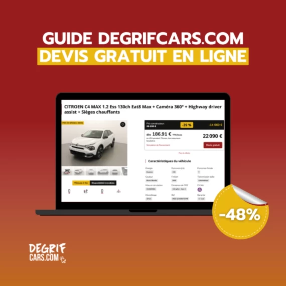 Client consultant une offre de voiture neuve sur le site Degrifcars.com pour demander un devis avec financement et extension de garantie personnalisée.