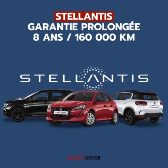 Visuel de plusieurs voitures neuves Stellantis avec mention "Garantie 8 ans ou 160 000 km" – Degrifcars.com, mandataire automobile