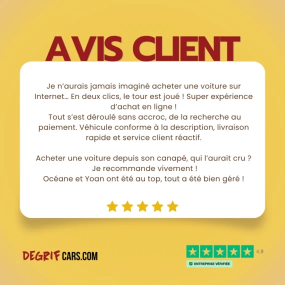 Témoignage avis client positif sur notre entreprise et message qui pousse à acheter chez Degrifcars.com